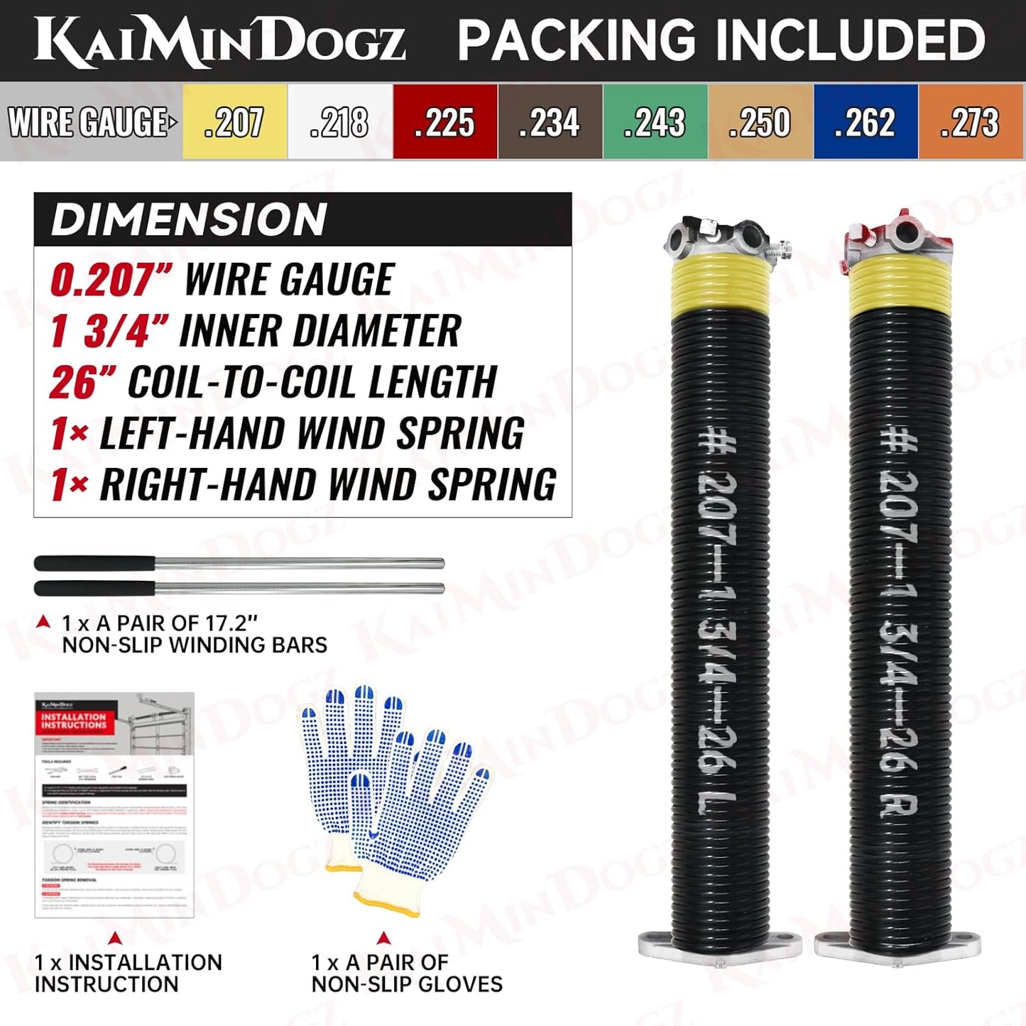 Pair of 1.75" Garage Door Torsion Springs Set with Non-Slip Winding Bars&Gloves, High Precision Electrophoresis Oil-Free Black Coated for Replacement, MIN 16,000 Cycles (0.207 x 1.75"x 26")