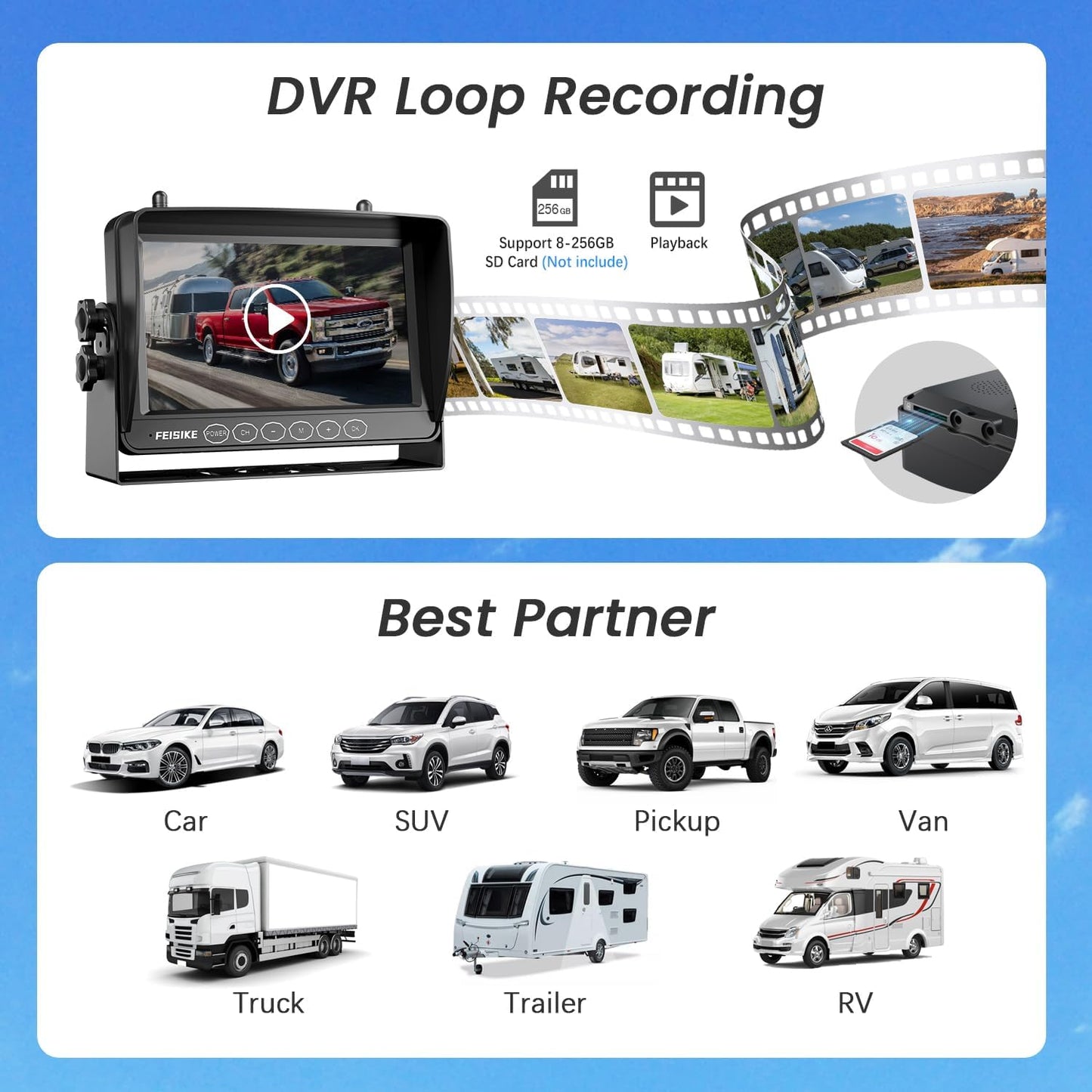 Magnetic Solar Wireless Backup Camera for RV Truck Trailer – 7" 1080P Monitor with Recording, 1-Min Install, No Delay, Wide View, IR Night Vision, 4 Channels, Auto-Sleep Rechargeable Rearview Camera