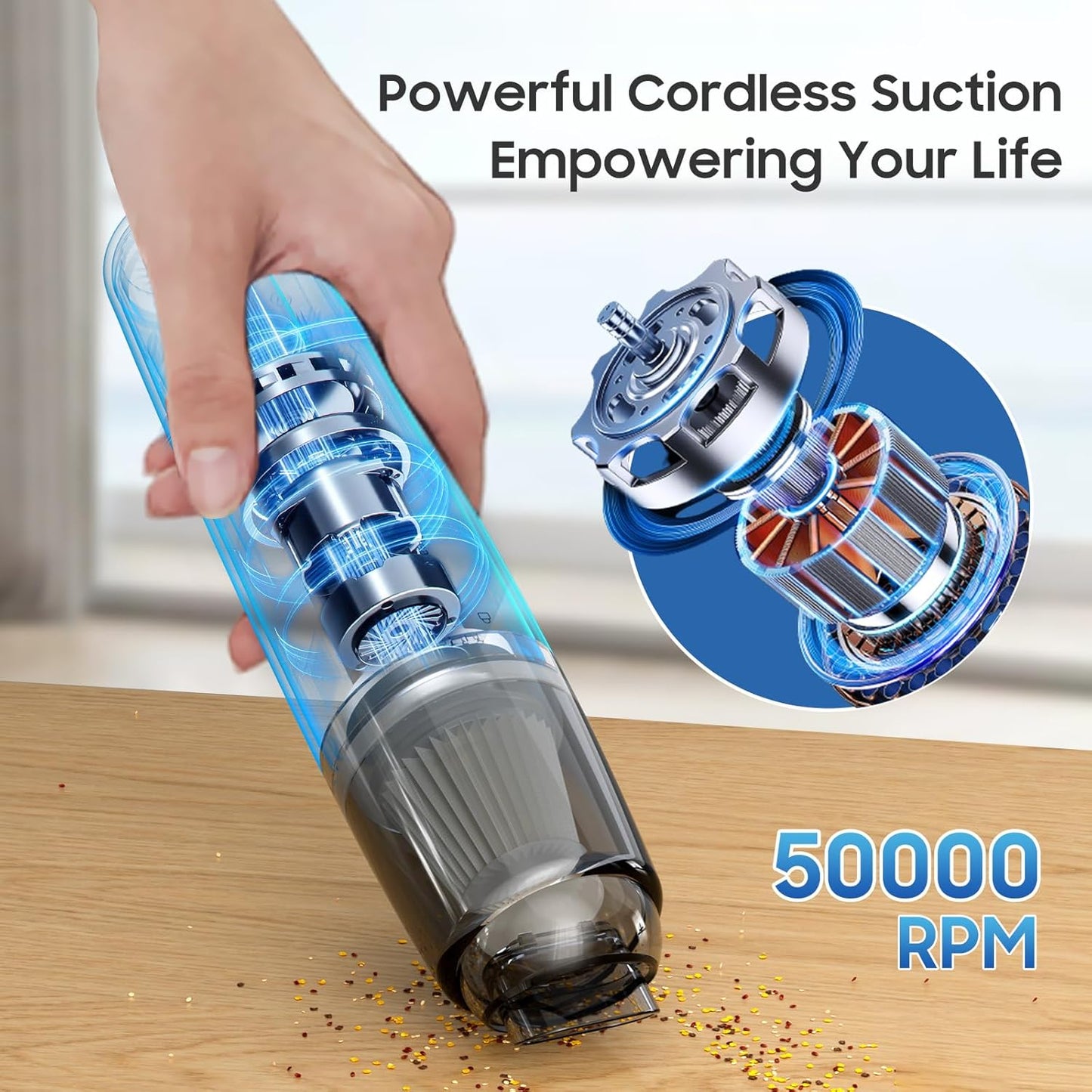 Handheld Vacuum Cordless, Car Vacuum Cleaner Portable with HEPA Filter, 2 Suction Modes, Mini Hand Held Vacuum Rechargeable for Car, Home, Pet Hair, Office, Desk, Keyboards (White)