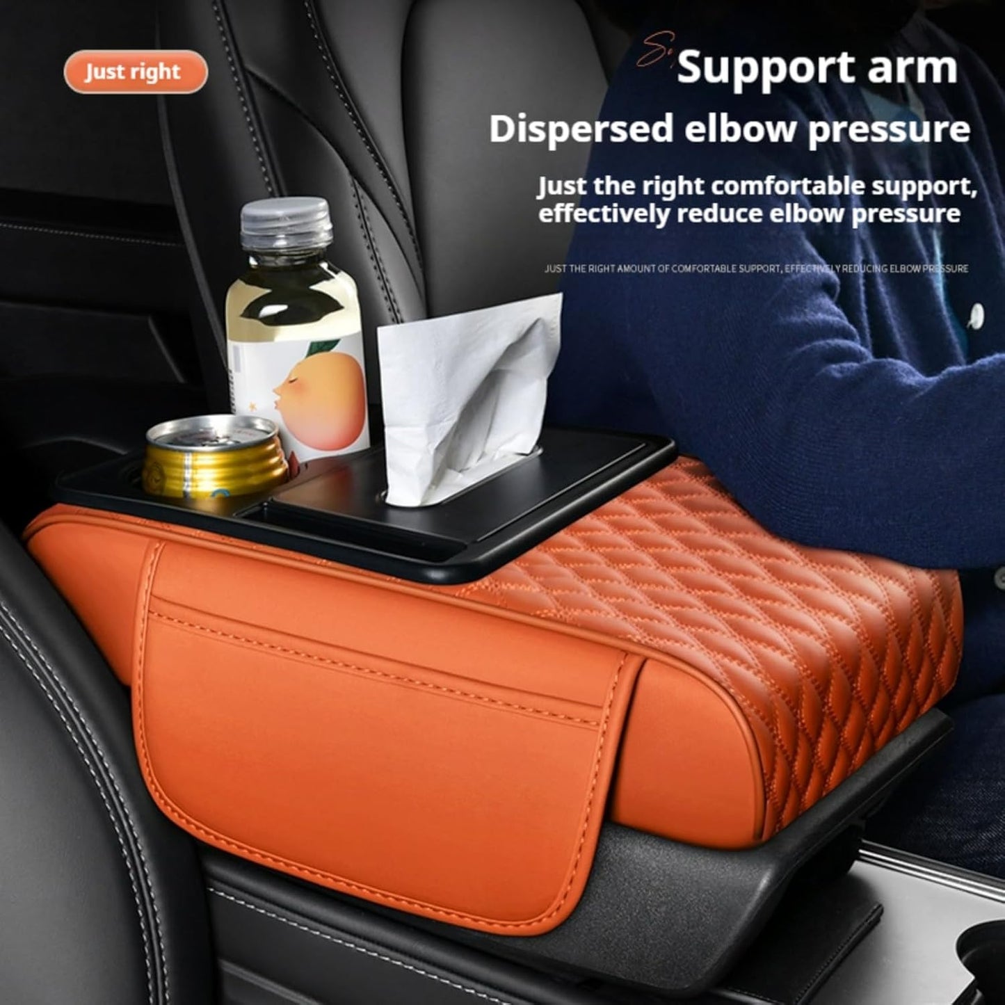 Center Console Cover Organizer, 5-In-1 Arm Rest Cover for Car with Cup Holder & Storage Pocket & Tissue Holder, Armrest Cover Cushion Pad, Water Ripples, Beige