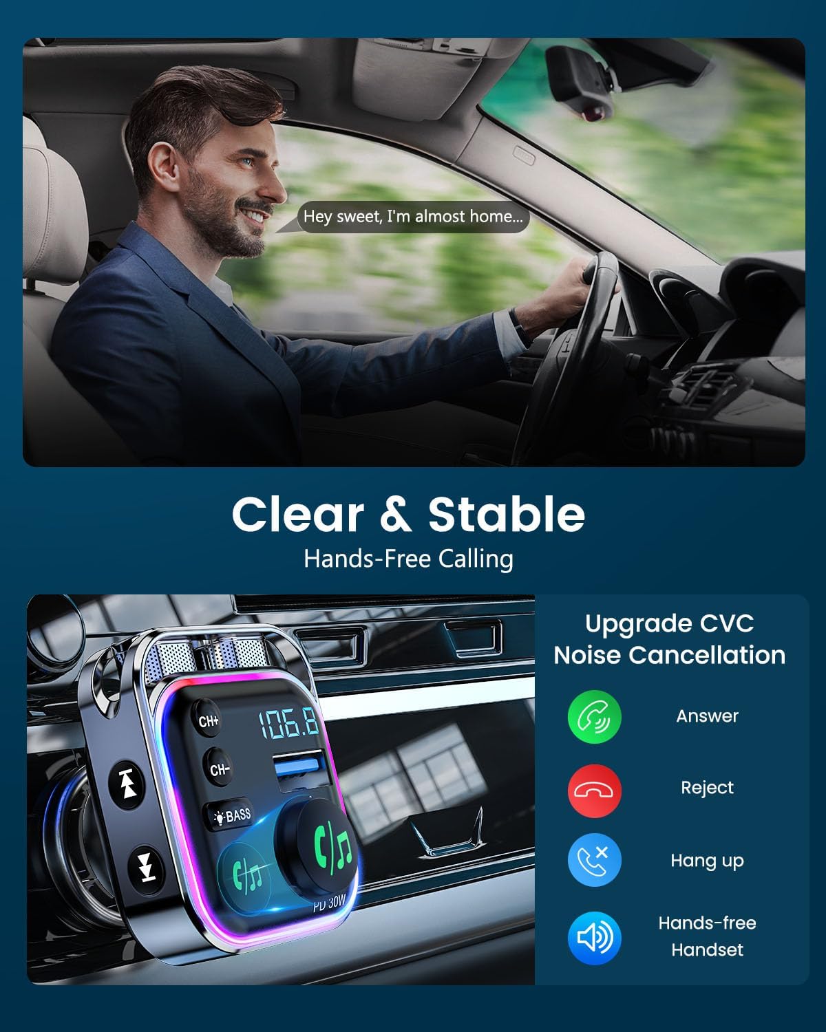LENCENT Bluetooth 5.3 FM Transmitter Car Adapter 48W (PD30W & QC18W) Fast Charger, Light Switch, HiFi Bass Sound Audio Receiver Wireless Radio MP3 Music Player, Hands-Free Calling, Support USB Drive