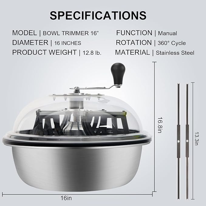MELONFARM 16 in Bud Bowl Trimmer with Switchable Stainless Steel Blades & Clear Visibility Dome, Hand Twist Spin Cutting for Plants