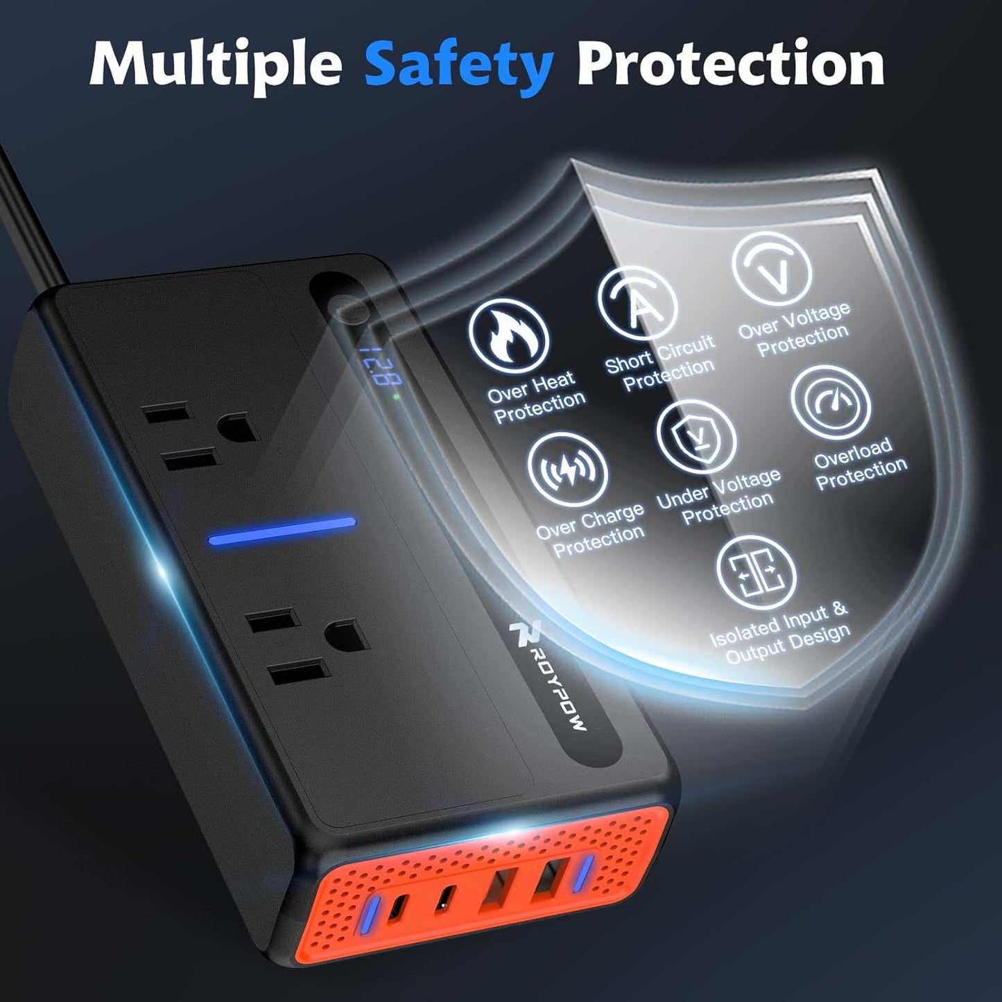 RoyPow 300W Car Power Inverter, DC 12V to 110V AC Power Inverter with Cigarette Lighter Port, Car Plug Adapter Outlet with 3.4A USB-A, QC3.0 24W, PD 30W, PD 36W, Dual AC Outlets, Car Charger Adapter
