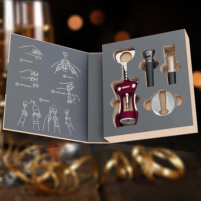 Beneno Multifunctional Wine Bottle Opener Gift Set - Wing Corkscrew, Foil Cutter, Vacuum Stopper & Aerator Pourer, Perfect for Wine Lovers Man Woman, Purple Set