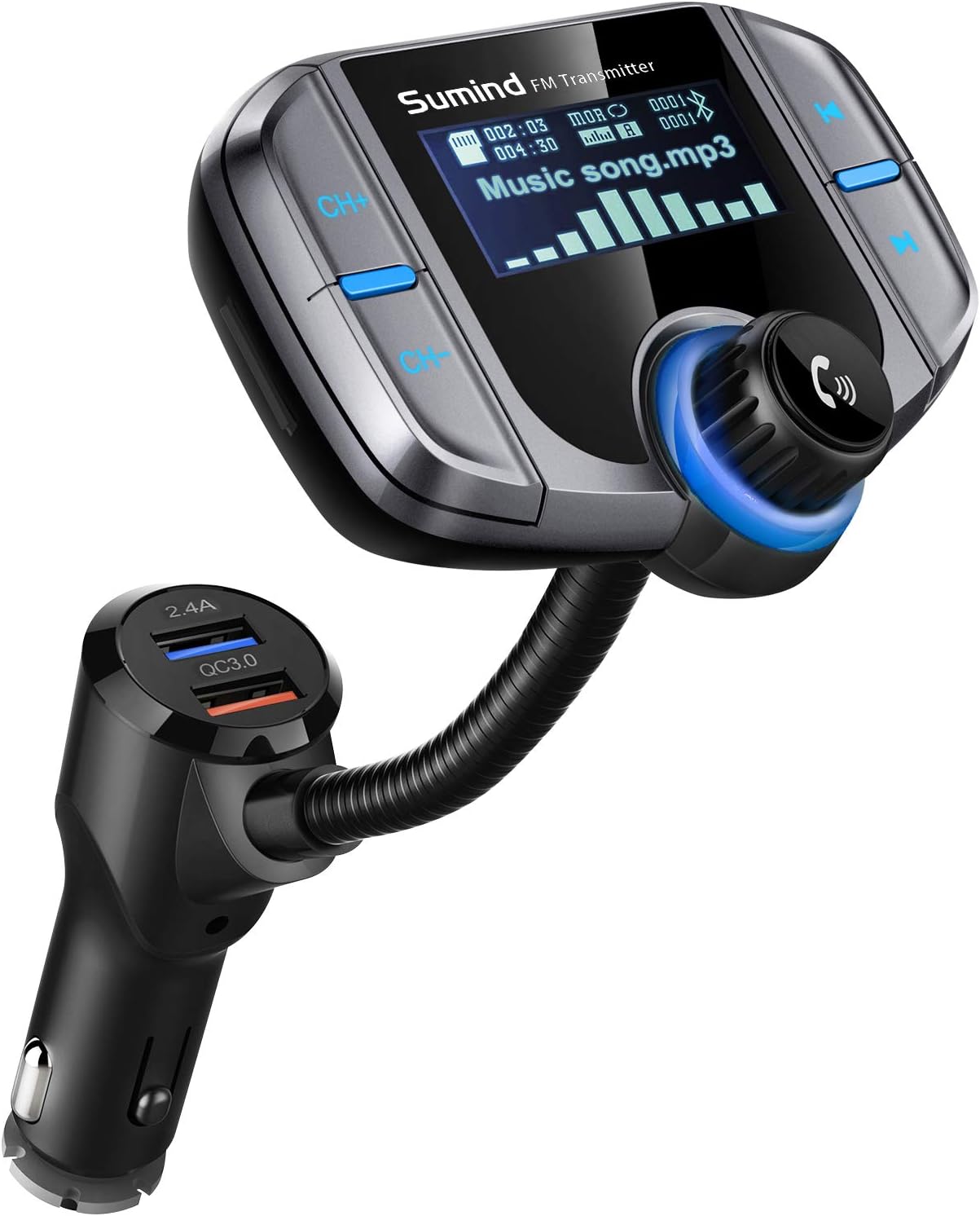 Upgraded Bluetooth FM Transmitter, Wireless Radio Adapter Hands Free Car Kit with 1.7'' Display, QC3.0 and Smart 2.4Amp Dual USB Ports, AUX Input/Output, TF Card Mp3 Player (Normal, Sliver Grey)
