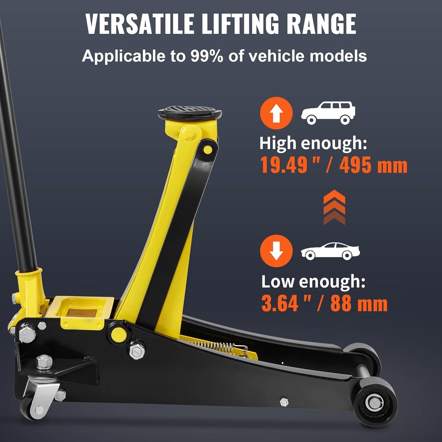 VEVOR 2.5 Ton Low Profile, Heavy-Duty Steel Racing Floor Jack with Dual Pistons Quick Lift Pump, Lifting Range 3.64"-19.49"