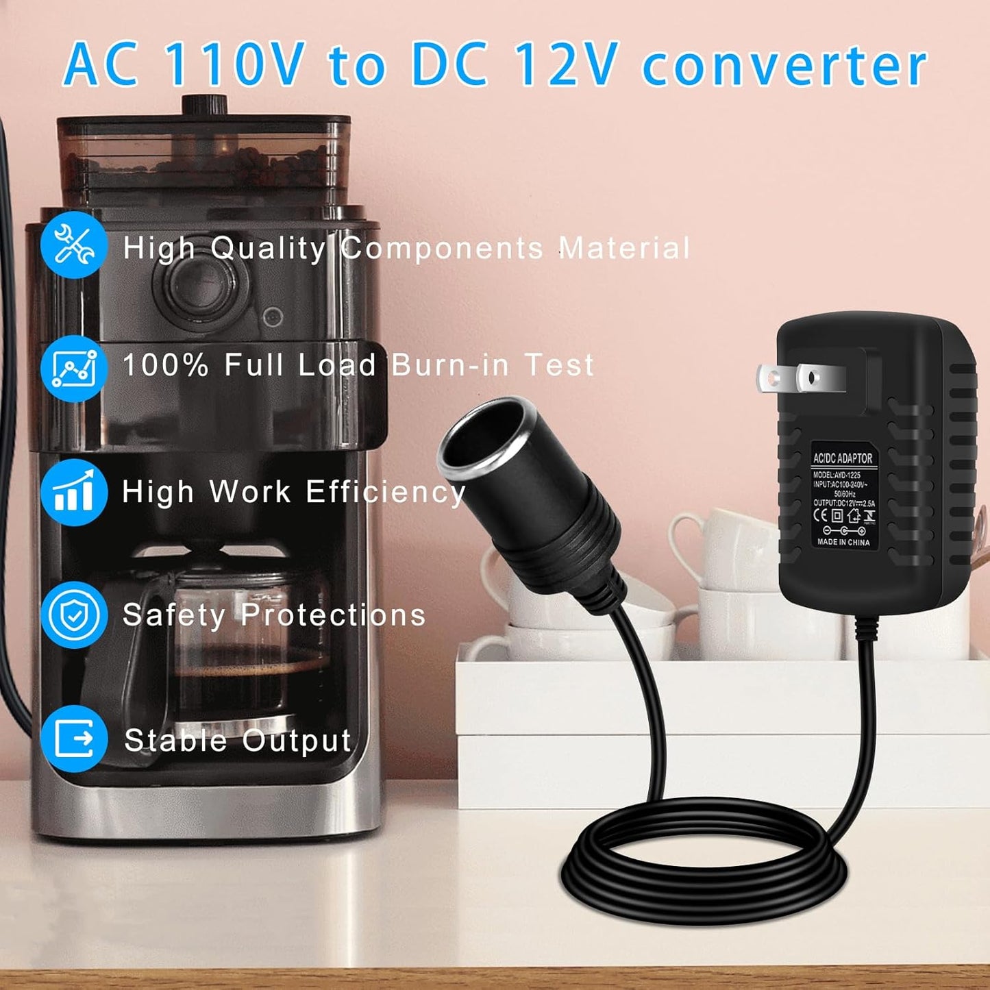 inShareplus 12V 2.5A 30W AC to DC Converter, 12 Volt Cigarette Lighter Adapter, 110V to 12V Car Lighter to Wall Outlet Adapter, Power Supply for Car Devices (MP3, Fan, Dash Cam)