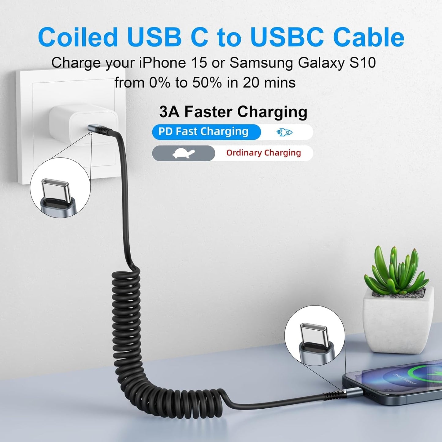 USB C to C Cable 3ft 2Pack Coiled USB C Charger Cable for Car Type C Fast Charging Cable for iPhone 16/15/Plus/Pro/Pro Max/Samsung Galaxy S23