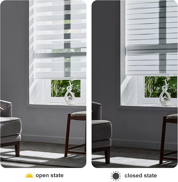 Persilux Zebra Blinds for Windows, Cordless Roller Shades Window Treatments (21" W x 64" H, White) Light Filtering Dual Layer Roller Window Shades Light Filtering Sheer Shades for Home and Office