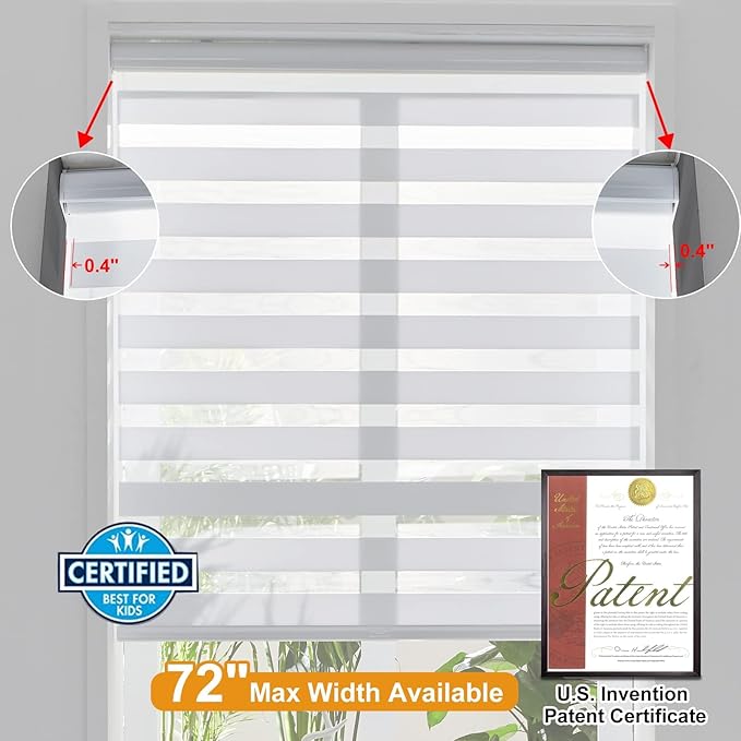 Persilux Zebra Blinds for Windows Cordless Roller Shades for Windows, Privacy Roller Blinds (42" W x 72" H, White) Blinds for Sliding Door, Light Control for Day and Night Shades for Home and Office