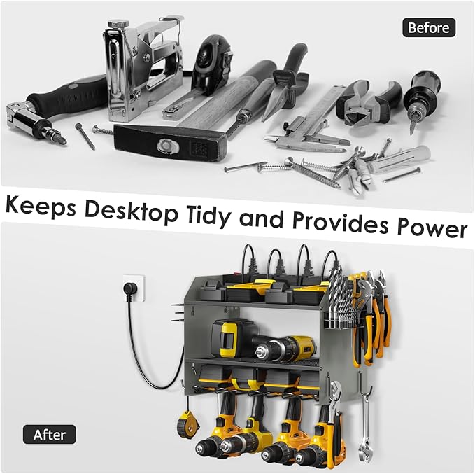 CCCEI Modular Power Tool Organizer Wall Mount with Charging Station. Garage Drill Storage Shelf with Hooks, Heavy Duty Rack, Tool Battery Holder Built in 8 Outlet. Gift for Men. Grey, 1 Pack.