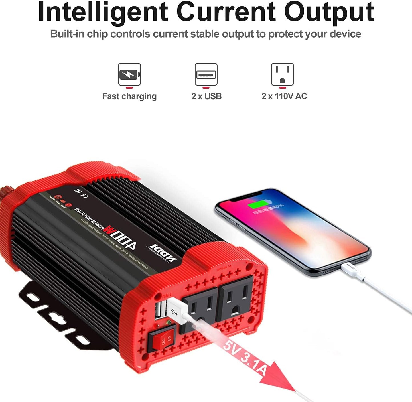 400W Car Power Inverter, DC 12V to 110V AC Converter with 2 Charger Outlets and Dual 3.1A USB Ports Cigarette Lighter Socket Adapter(Black)
