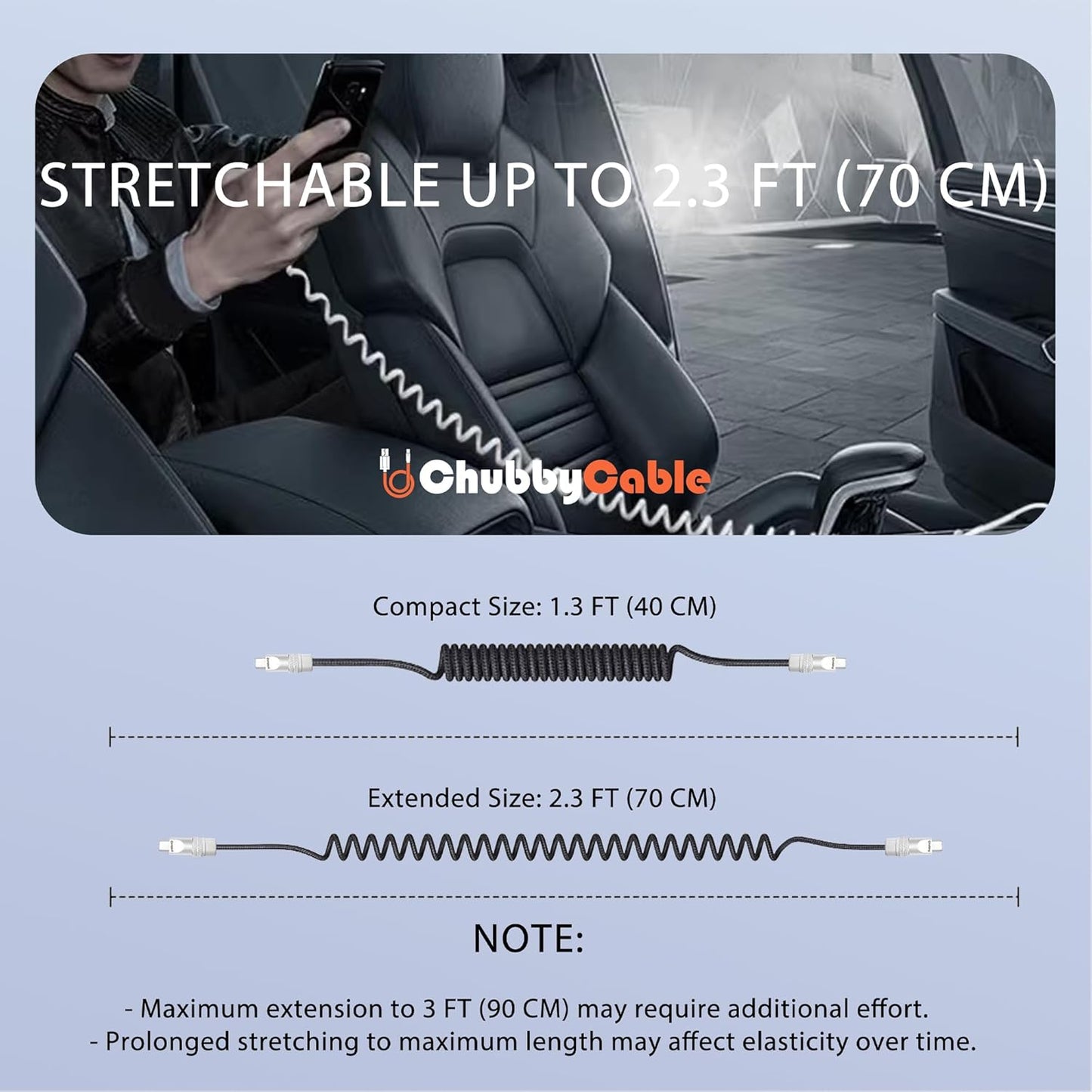 chubbycable Curly Chubby - Retractable Fast Charging Cable 240W Coiled Charger Cord for Car Durable USB-C Cable for Phones, Tablets and More, Purple, USB-A to Type-C, 1.3FT-2.3FT