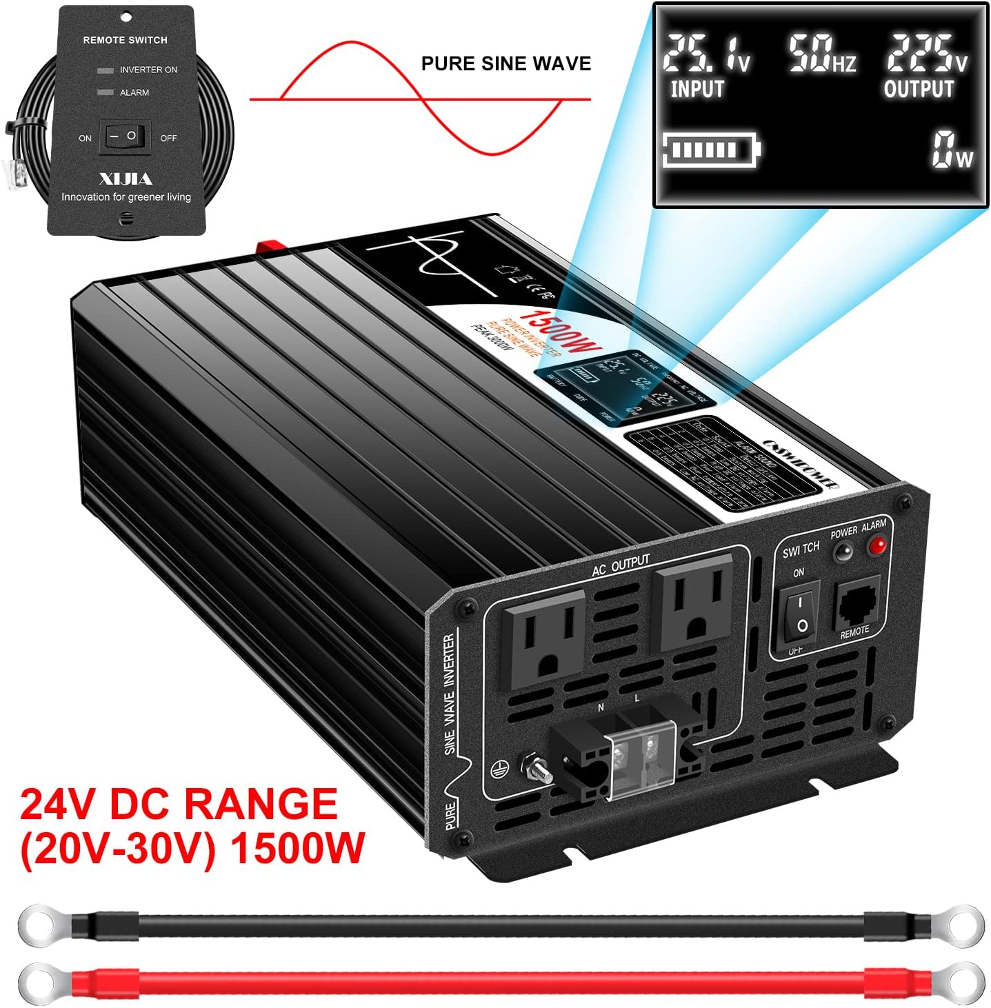 Xijia 1500W(Peak Power 3000W) Pure Sine Wave Solar Power DC 24V Inverter AC 120V 60HZ Solar Converter for Home Use car (DC24V (Range 20V-30V) 1500W)