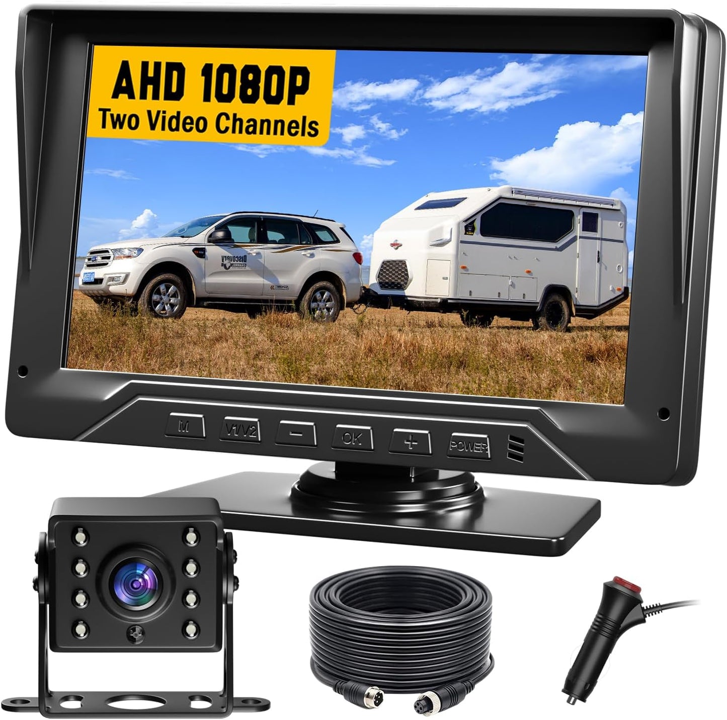 RV Backup Camera Plug and Play, 7'' Backup Camera for Truck Trailer, No Delay, 1080P HD, 2 Channels, 150° Wide Angle, DIY Guide Lines, Night Vision, IP69 Rear View Camera
