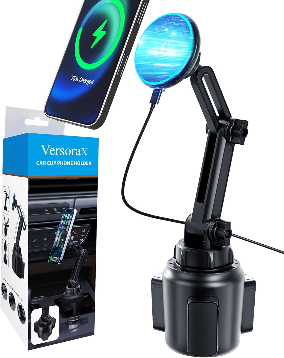 Magnetic Cup Phone Holder Car Wireless Charger for MagSafe, 15W Fast Charging Car Mount Stand for iPhone 16 Pro Max/15/14/13/12, Cupholder Expander, LED Light Ring, Strong N52 Magnets
