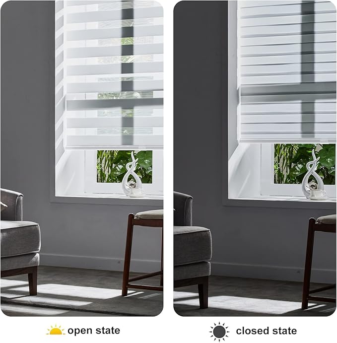 Persilux Cordless Zebra Blinds for Windows Shades (59" W x 72" H, White) Dual Layer Fabric for Day and Night Thermal Roller Shades, Free-Stop Room Darkening Sheer Shades for Home, Office and Bedroom