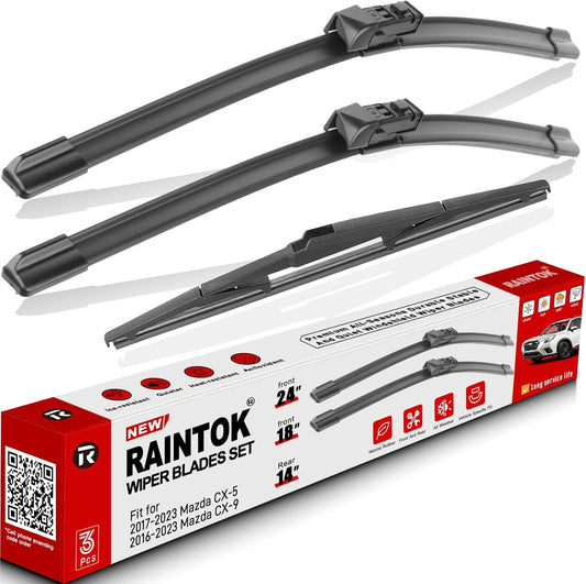Windshield Wiper Blades Replacement for Mazda CX-5 CX-9 2017 2018 2019 2020 2021 2022 2023 CX5 CX9 Original Factory Quality Front Rear Wipers Blade Set for My Car - 24" 18" 14" (Pack of 3)