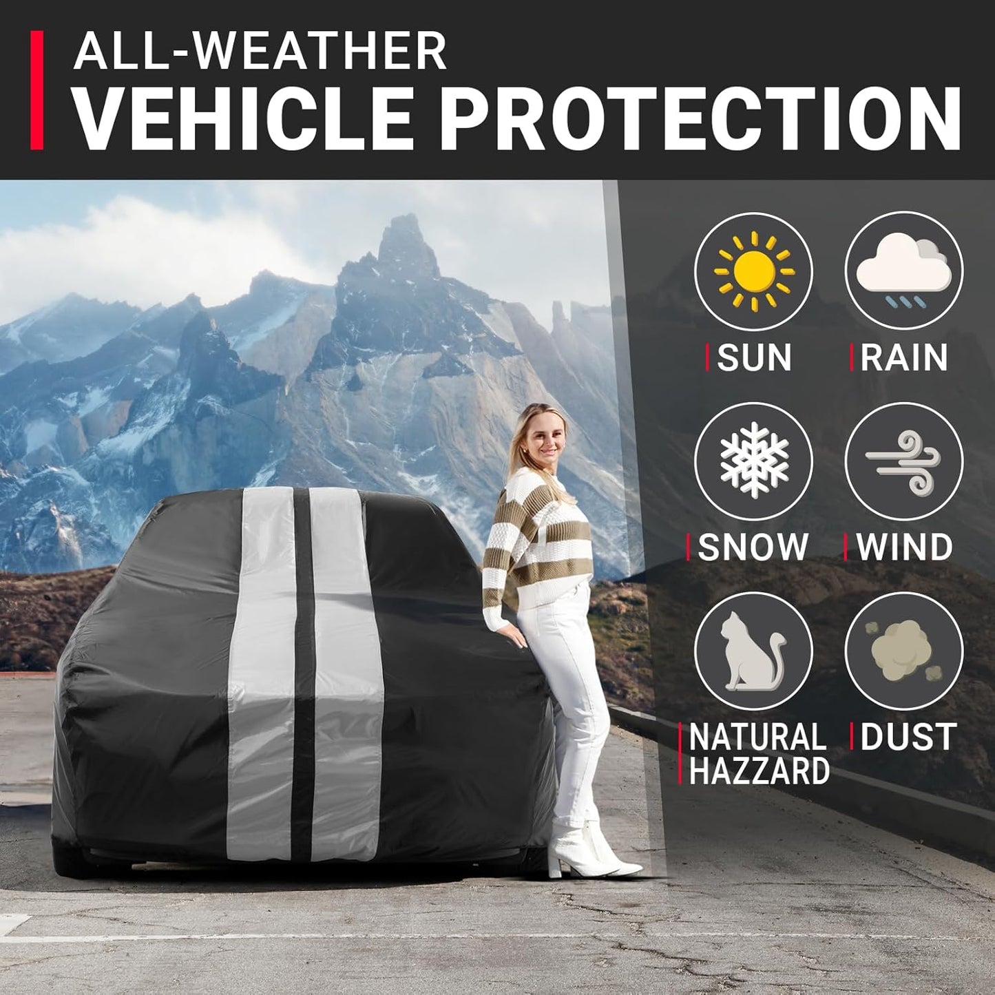 iCarCover Custom Car Cover for Chevy Malibu (1964-1972) Waterproof All Weather Rain Snow UV Sun Protector Full Exterior Indoor Outdoor Car Cover (Stripe - Black/Gray)