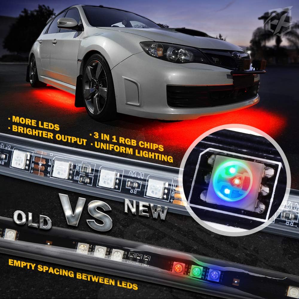 Xprite 4Pcs Underglow LED Lights for Cars, 8 Color RGB 252 LEDs Sound Active Function Music Mode Underglow Kit, Bluetooth APP & Remote Control, Waterproof Underbody Neon Strip Light for Car SUV Truck