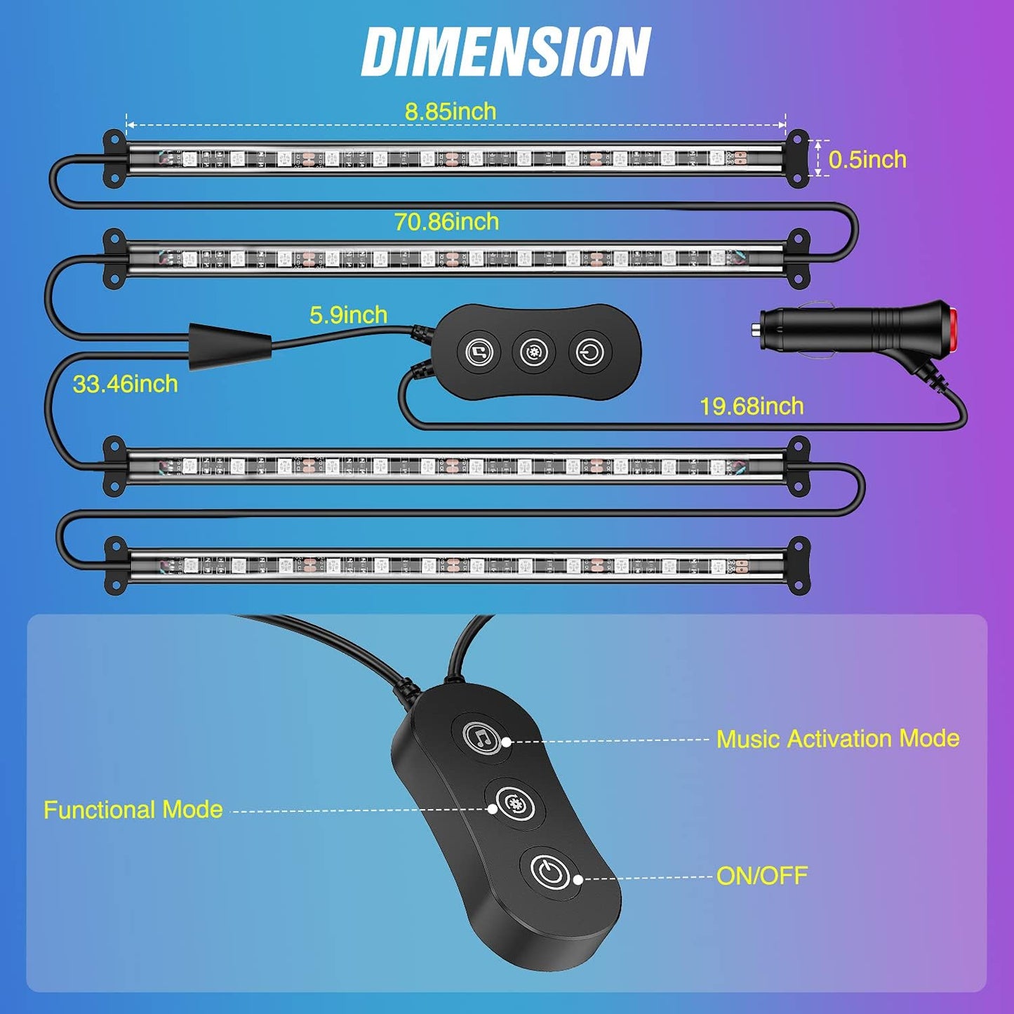 Nilight Car Interior Lights with APP Control 16 Million RGB Colors Strip Lights with Music Sync Mode and Multiple Scene Options for Cars Trucks SUVs
