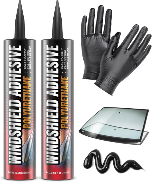 [2 Pack] Polyurethane Windshield Adhesive - Quick Curing & Weather Resistant Auto Glass Adhesive, Vertical & Overhead Application, Windshield Repair Kit with Gloves, Applicator Tip & Cartridge - 310ml
