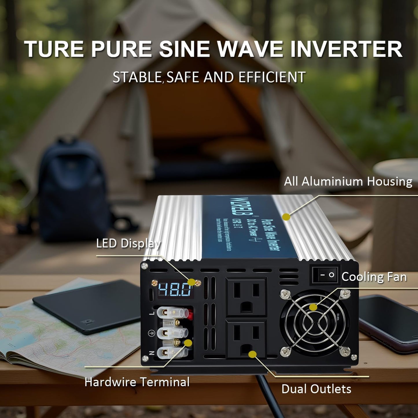WZRELB 3500W Pure Sine Wave Inverter, Car Power Inverter 48V DC to 110V 120V AC Converter for RV, Truck, Solar, Outdoor with Dual AC Outlets, Hardwire Port, Surge 7000W, LED Display,Off-Grid