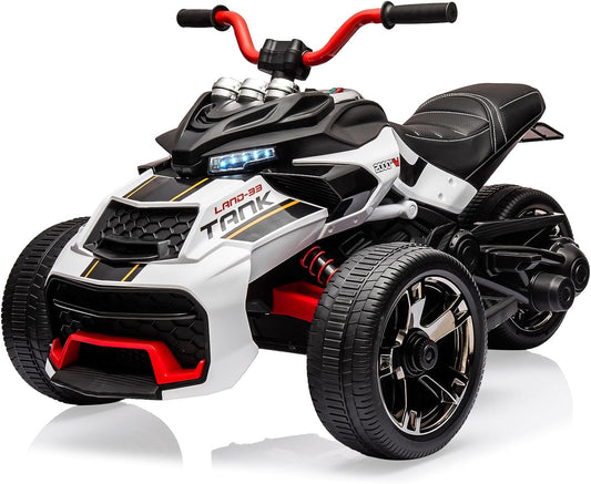 12V Kids Electric Ride-On Car with Parent Remote Control, 7MPH, 2 Speeds, 2x55W Motor, LED Lights, Music, USB & EVA Tires, 3 Wheel Battery Powered Toy Vehicle for Toddlers (White1)