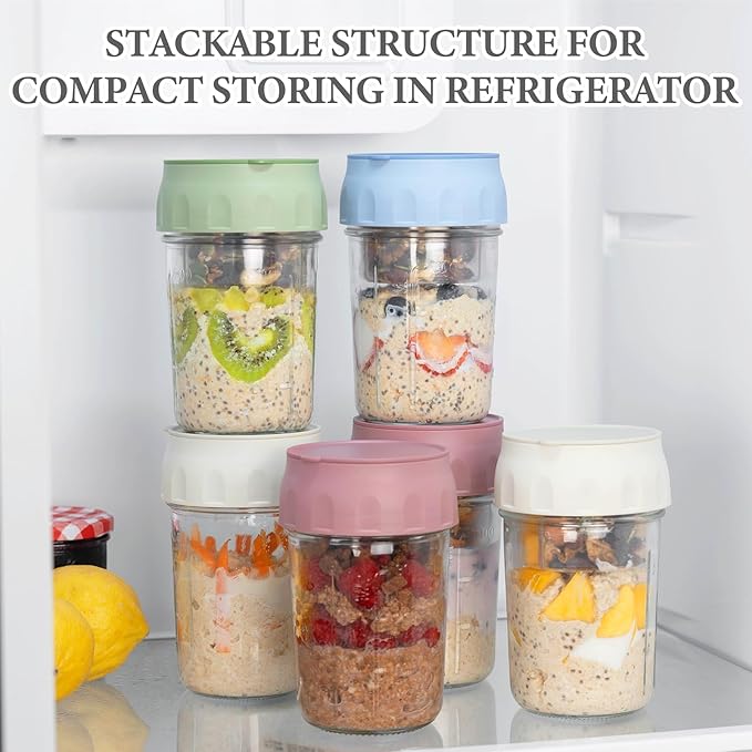 SOLIGT 2 Pack Overnight Oats Containers with Lids, Folding Spoons and Divided Compartments for Fruit & Nuts, Small Glass 16oz Mason Jars for Oatmeal Yogurt Parfait (2 Set-Oat White/Oat White)
