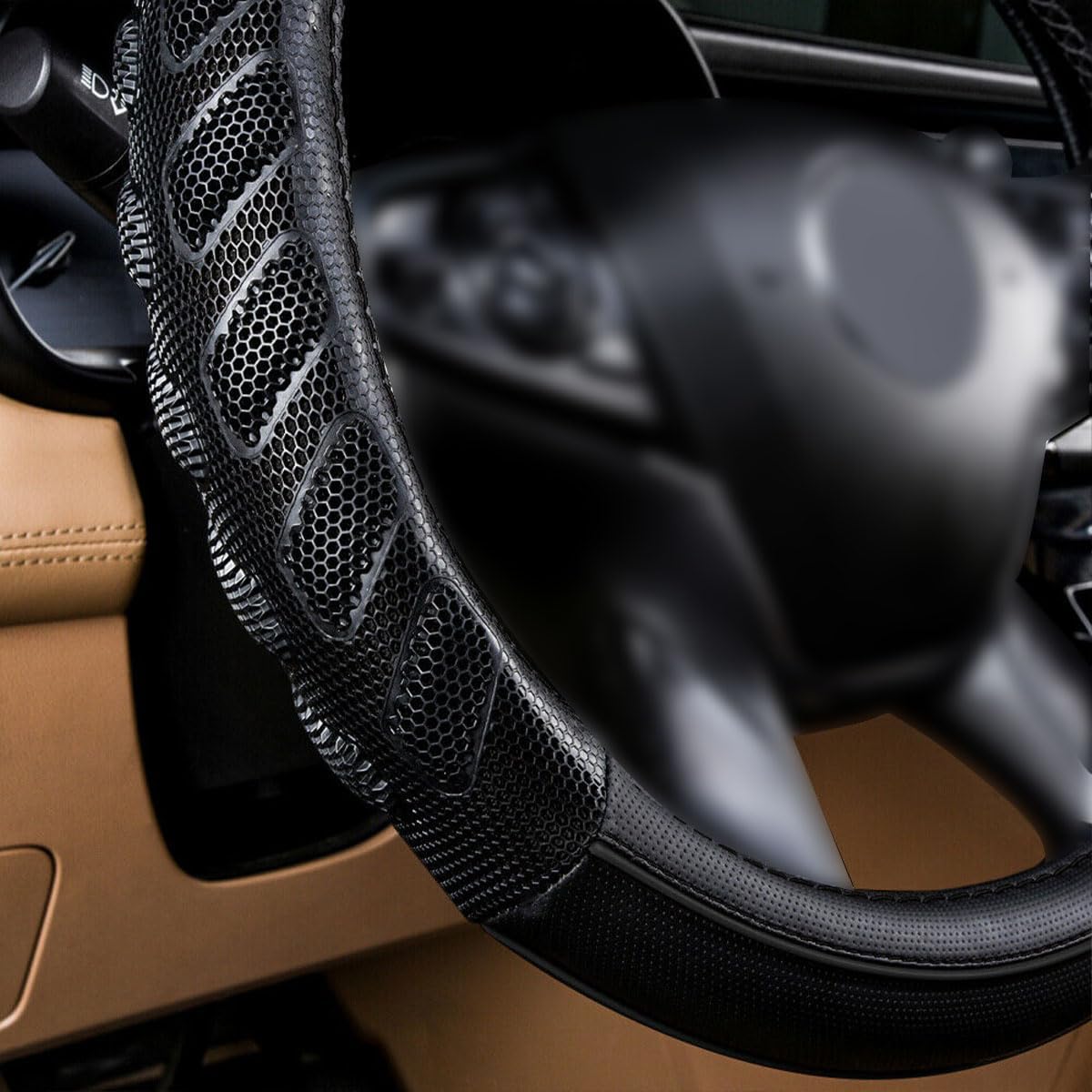Flying Banner car Steering Wheel Cover Faux Leather Massage Universal fit 3D Honeycomb Hole Anti-Slip Sporty 15 Inches (Black Black)