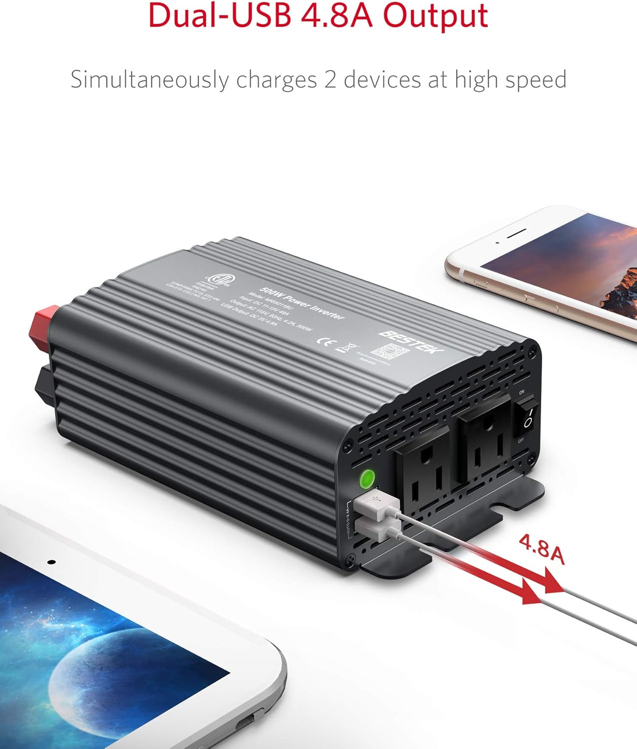 BESTEK 500W Power Inverter DC 12V to 110V AC Converter with 4.8A Dual USB Car Charger ETL Listed (Grey)