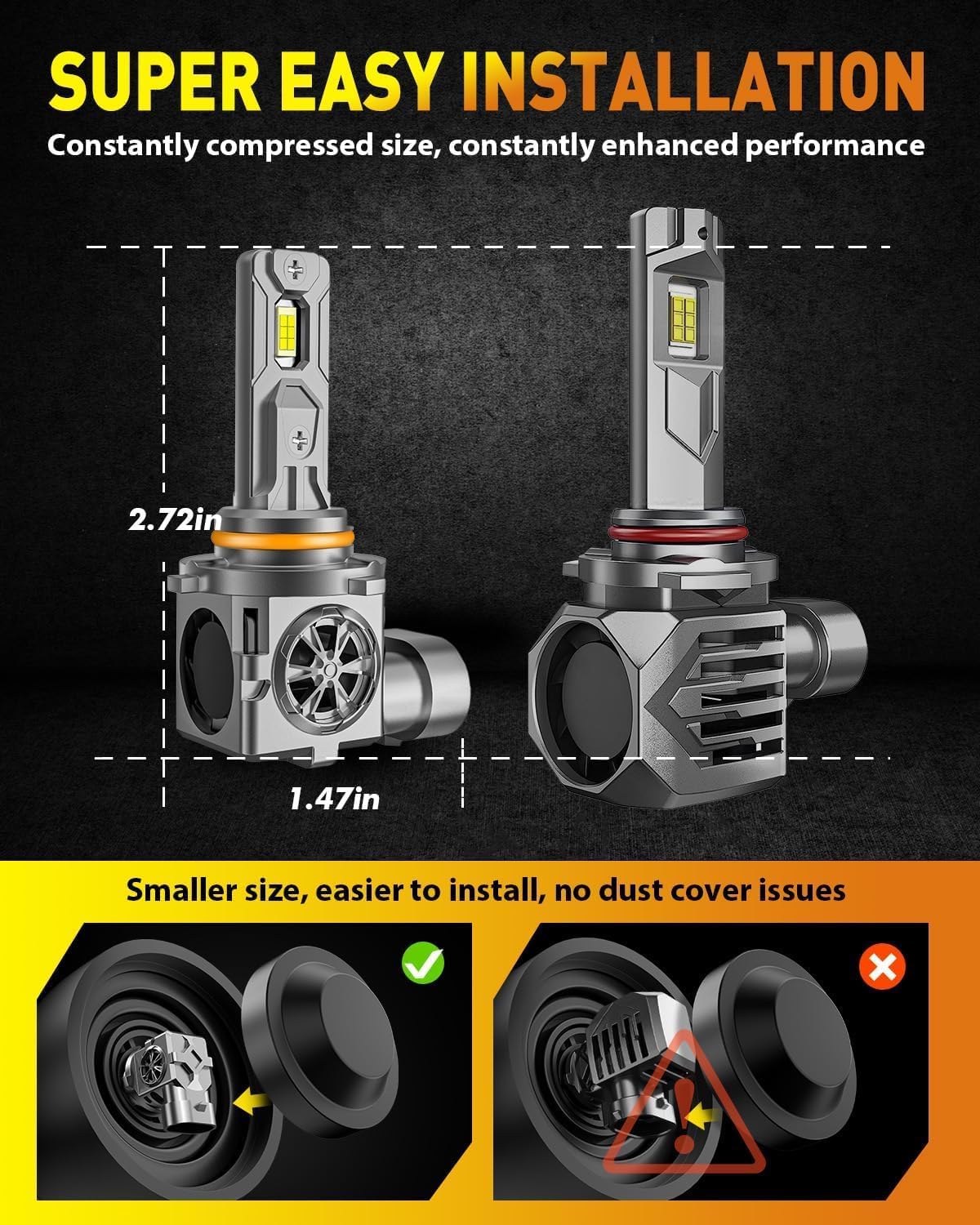 Upgraded 9005/HB3 LED Bulbs, 66,000LM 12X Ultra-Brighter, 6500K Cool White, 1:1 Halogen Size Driving Light, Plug-N-Play, IP68 Waterproof, Pack of 2