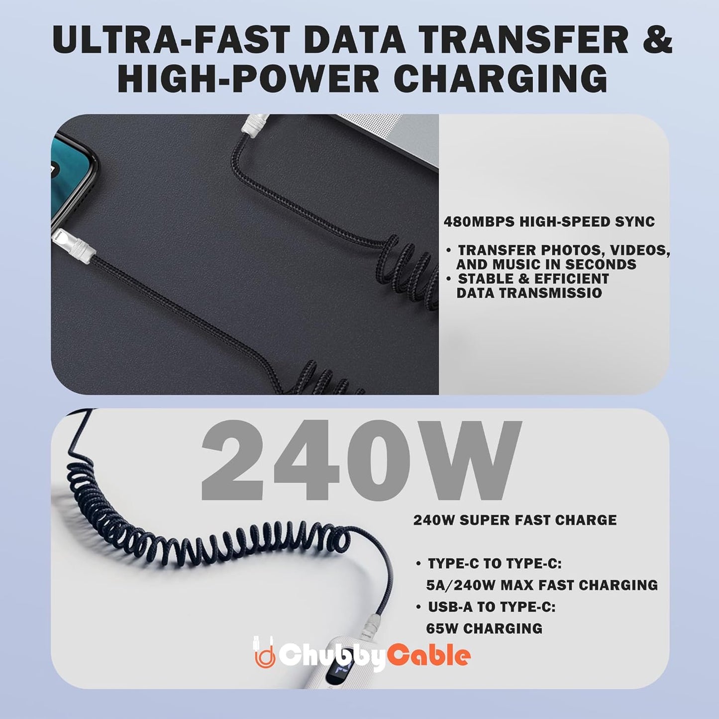chubbycable Curly Chubby - Retractable Fast Charging Cable 240W Coiled Charger Cord for Car Durable USB-C Cable for Phones, Tablets and More, Green, USB-A to Type-C, 1.3FT-2.3FT