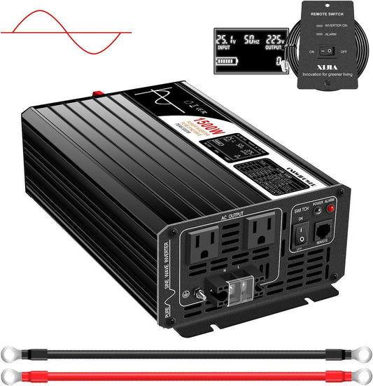 Xijia 1500W(Peak Power 3000W) Pure Sine Wave Solar Power DC 12V Inverter AC 120V 60HZ Solar Converter for Home Use car (DC12V (Range 10V-15V) 1500W)