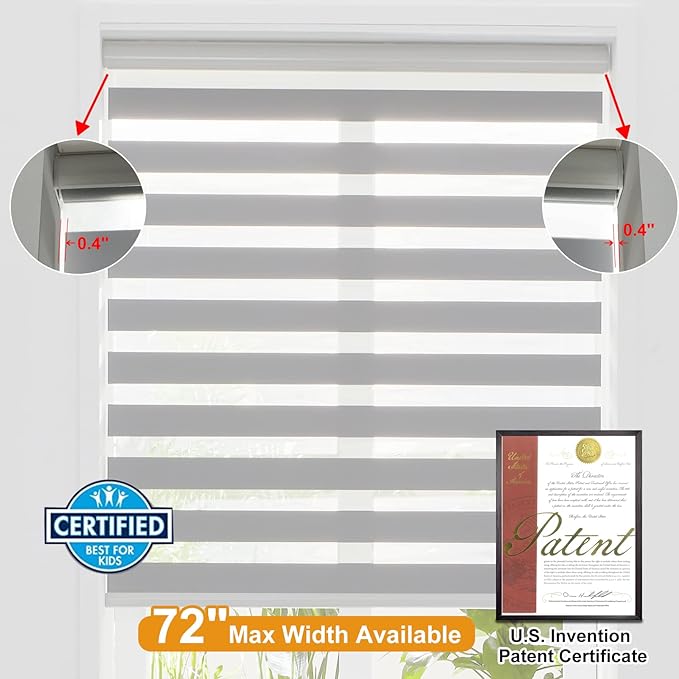 Persilux Cordless Zebra Blinds for Windows Free-Stop Roller Window Shades (70" W X 64" H, Grey) Dual Layer Light Control for Day and Night, Light Filtering Sheer Shades for Home, Easy to Install