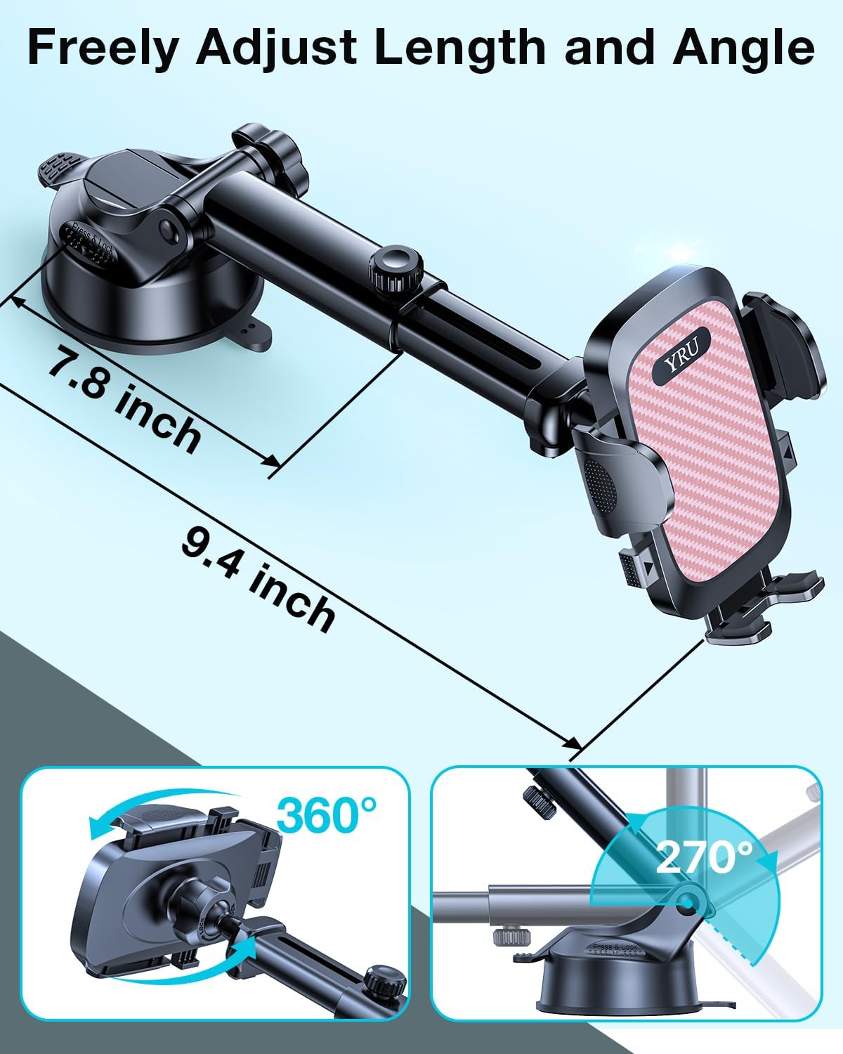 YRU [True Military-Grade 360 Degrees Rotatable Suction] 2025 Ultimate Car Phone Holder Mount 90+LBS Safest Strongest Patent Certs Dashboard Windshield Vent for iPhone 16 15 Pro Max Samsung Light Pink