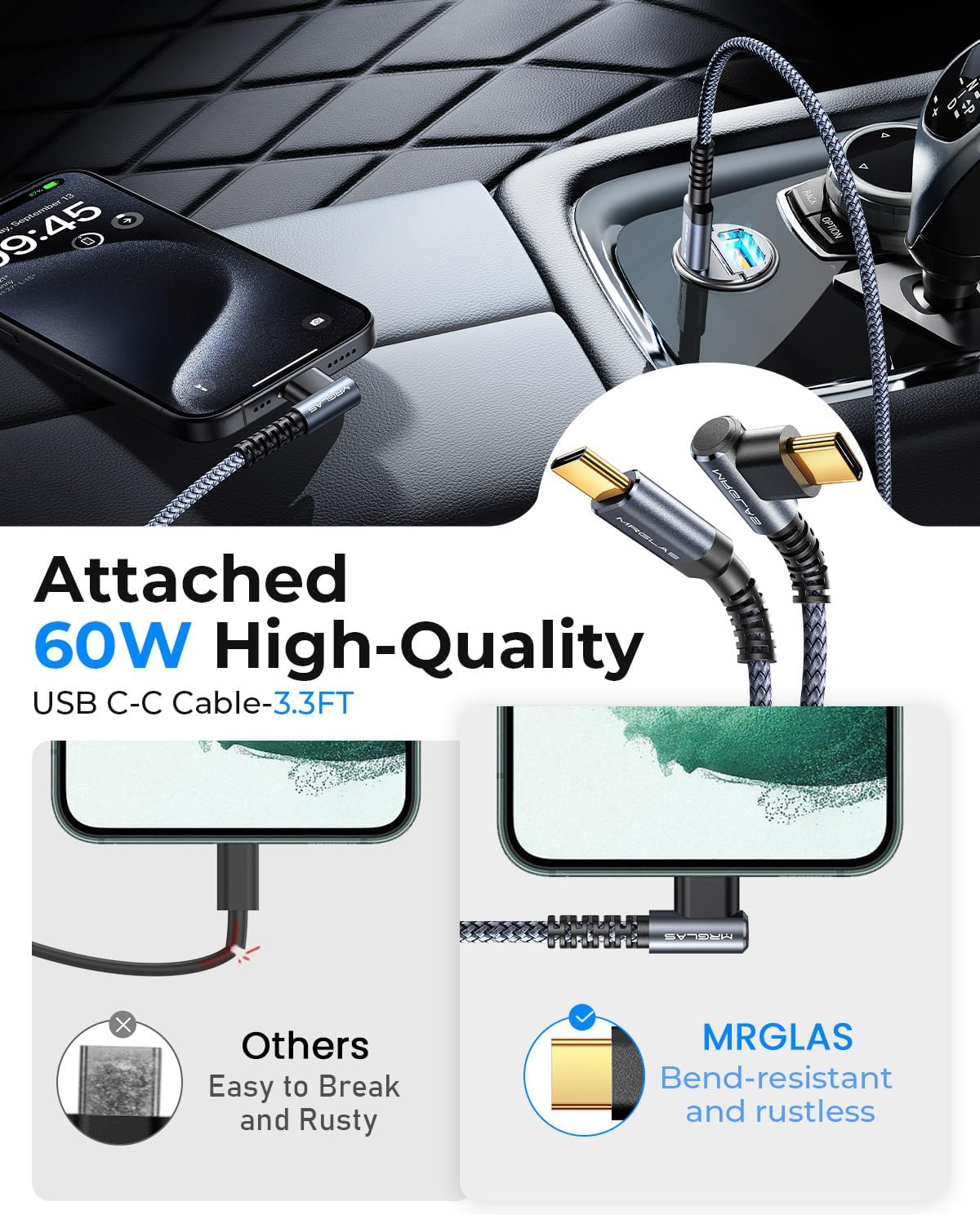 MRGLAS 90W USB C Car Charger Fast Charge, PD45W & QC45W, Flush Fit, Extra 3.3ft Type C Cable, All Metal, Cigarette Lighter USB Charger for iPhone 16 15 Pro Samsung S25 S24 S23 Ultra Pixel 8/8Pro/7-Red