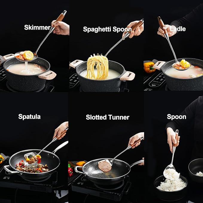 18/10 Stainless Steel Kitchen Utensils Set with Wooden Handle, 6 PCS Professional Cooking Utensils Set 15”, Wok Spatula, Ladle, Skimmer, Slotted Spatula Turner, Spaghetti Spoon, Large Spoon