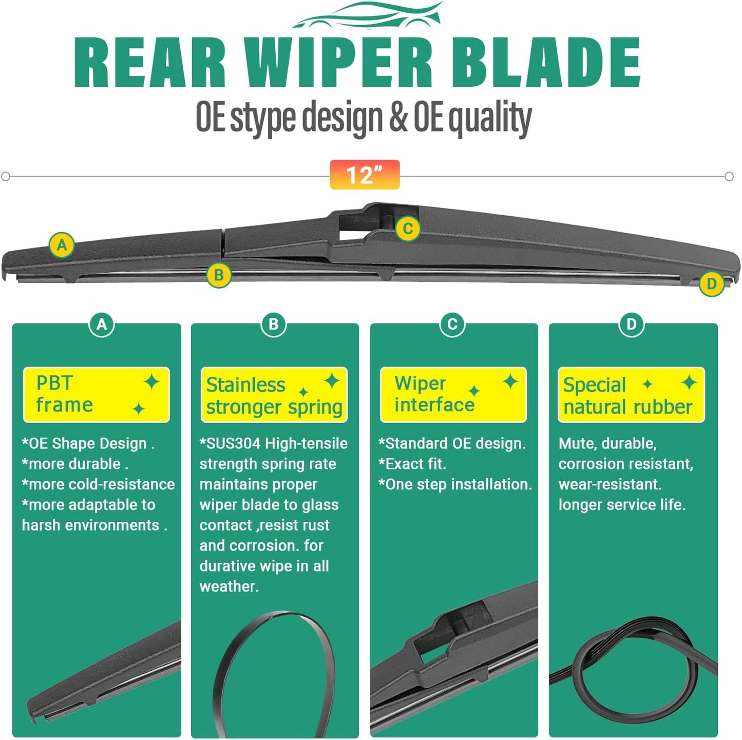 26" 16" 12" Windshield Wiper Blades Replacement for LEXUS NX NX200t 2015 2016 2017 / NX300 2018-2021 / NX300h 2015-2021 Premium All Weather Front Rear Wipers Set - OEM Quality (Pack of 3)