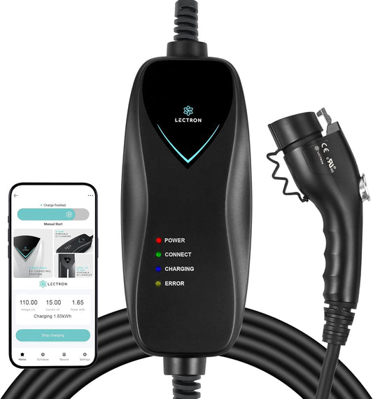Lectron Level 1 J1772 Charger (WiFi Version) - 110V, 15 Amp, NEMA 5-15 Plug, 16 ft Extension Cord - Portable Electric Car Charger for J1772 Evs