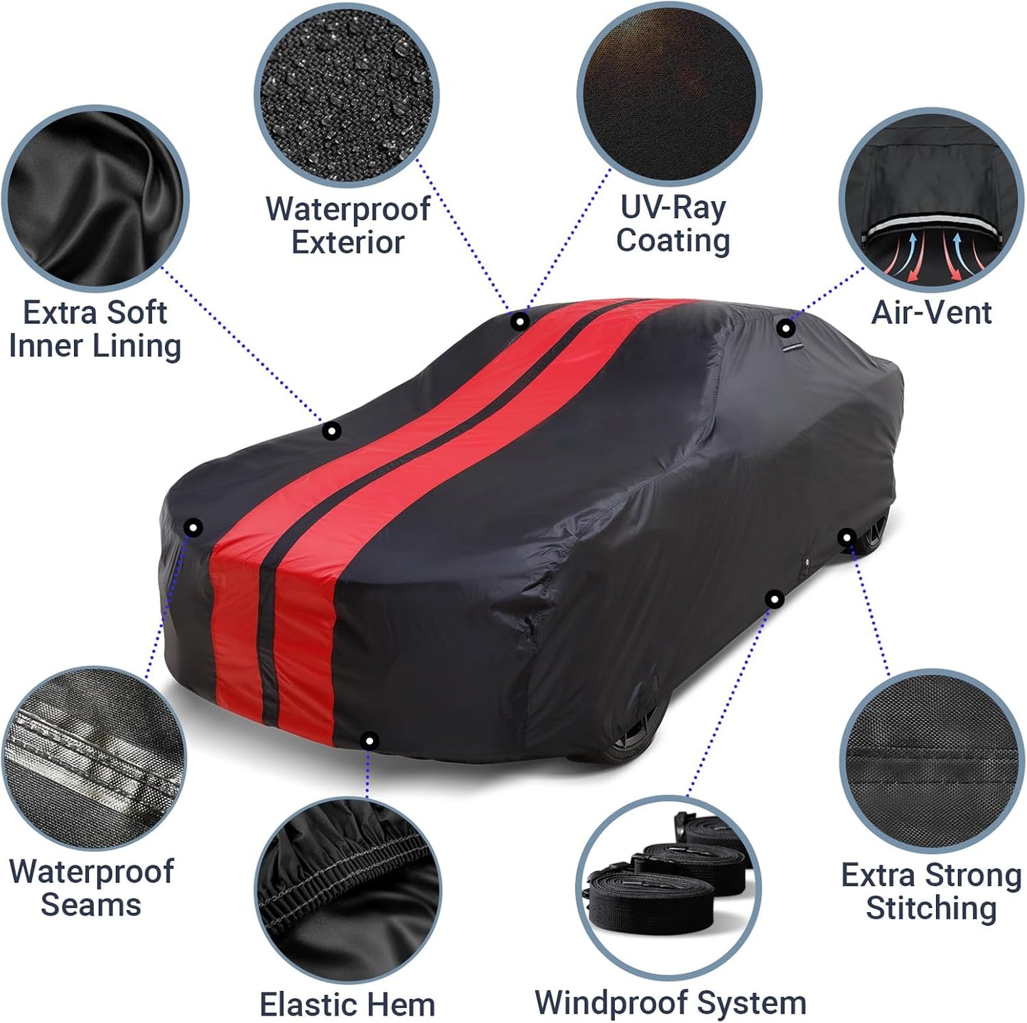 iCarCover Custom Car Cover for Chevy Fleetmaster (1946-1948) Waterproof All Weather Rain Snow UV Sun Protector Full Exterior Indoor Outdoor Car Cover (Stripe - Black/Red)