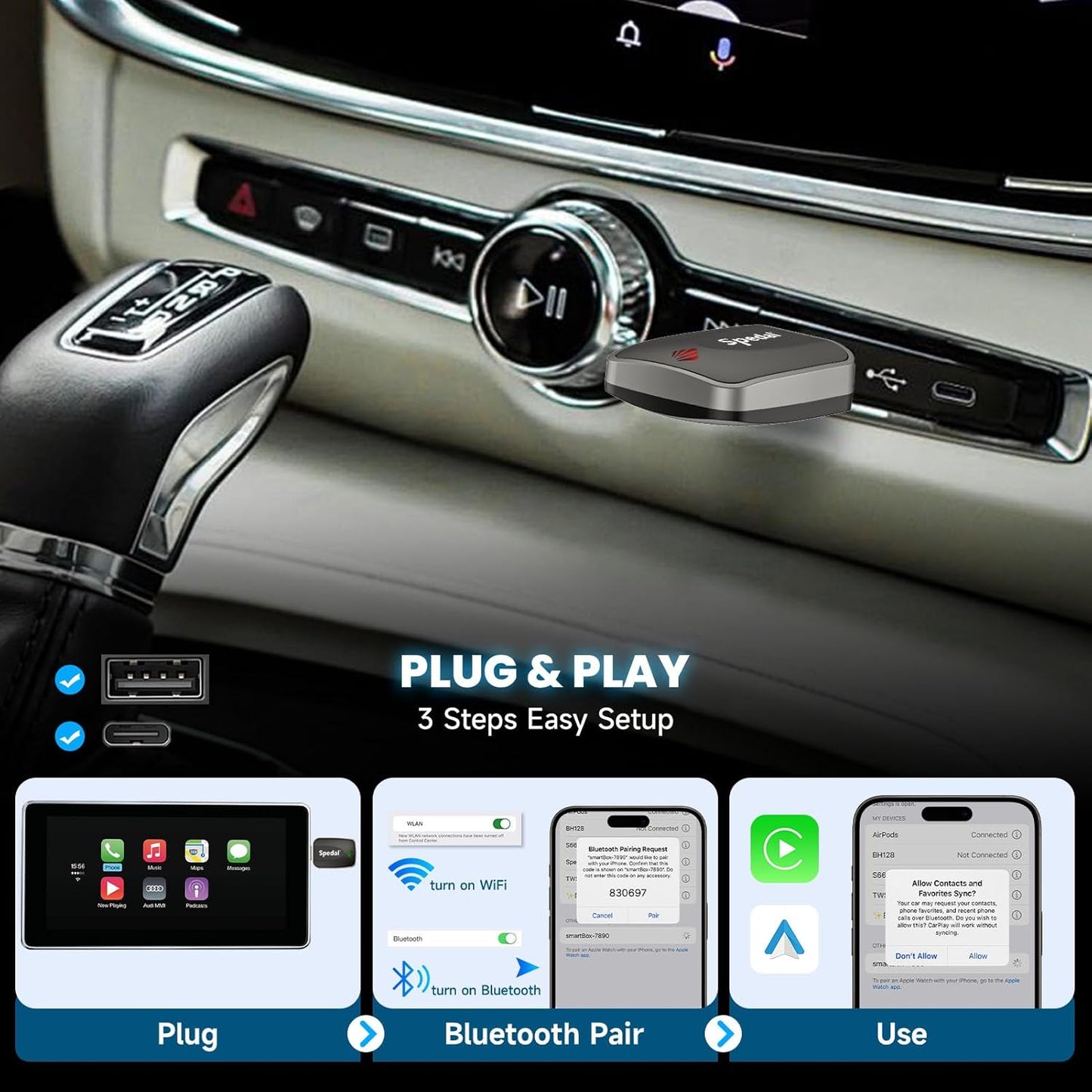 Spedal Wireless CarPlay & Android Auto Adapter, Plug & Play Dongle for iOS 10+/Android 11+, USB-A/C Support (2016+ Cars with Factory Wired Carplay)