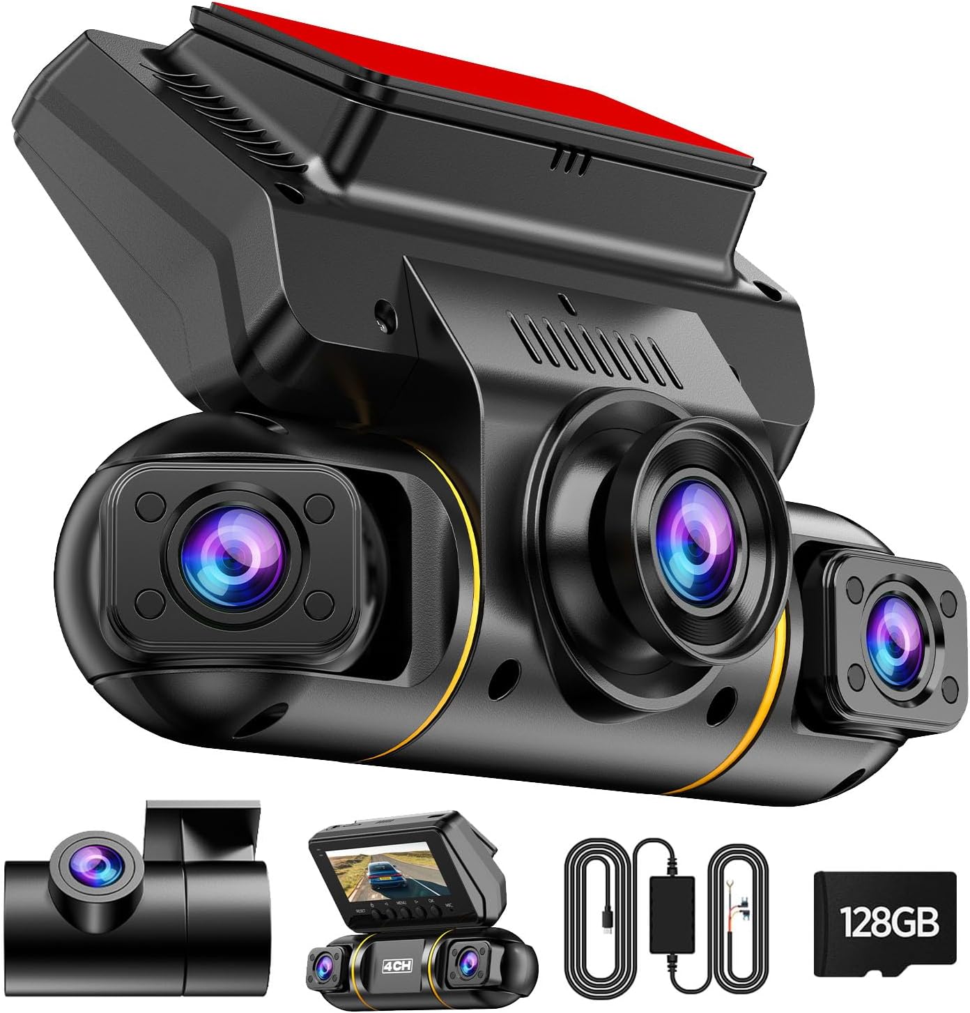 LAMTTO Dash Cam Front and Rear Inside with Hardwire Kit for 24h Security Parking Monitor, 360 Degree View 4 Channel 1080P Dash Camera for Cars Left Right, IR Night Vision Dashcam, Free 128GB Card