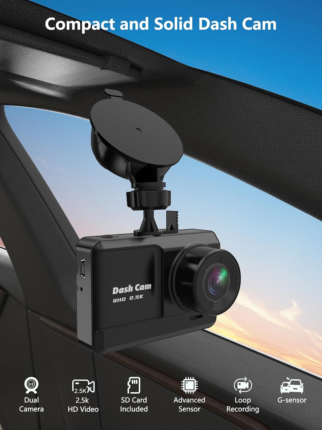 Dash Cam Front and Rear, 2.5K+1080P Dual Dash Camera for Cars with 32GB SD Card, 2.45 inch IPS Screen, 2 Mounting Ways, Night Vision, WDR, Accident Lock, Loop Recording, Parking Monitor