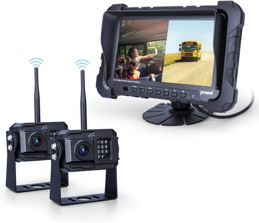 Yuwei Digital Wireless Backup Camera System,YW-77214 Dual HD 720P Camera Wireless Reverse System with Night Vision and Wide Viewing Angles, 7inch Wireless Monitor Split Screen for Trailer, RVs, Ca