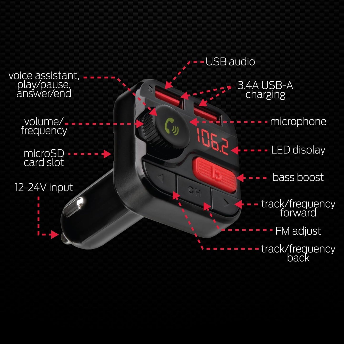 Monster Bluetooth FM Transmitter for Car Cigarette Lighter, Bass Boost, Track Back/Forward, Volume, Play/Answer Buttons, Micro SD Card Slot, Microphone, 2 USB Chargers, Google Voice & Siri Compatible