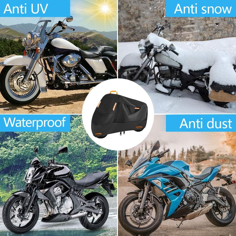 300D Heavy Duty Motorcycle Cover, SECELES All Season Durable Waterproof Outdoor Protection Scooter Cover 4 Reflective Tape Lock-Holes fits up to 86" Yamaha Honda Harley Suzuki (XXL: 86" x 37" x 50")