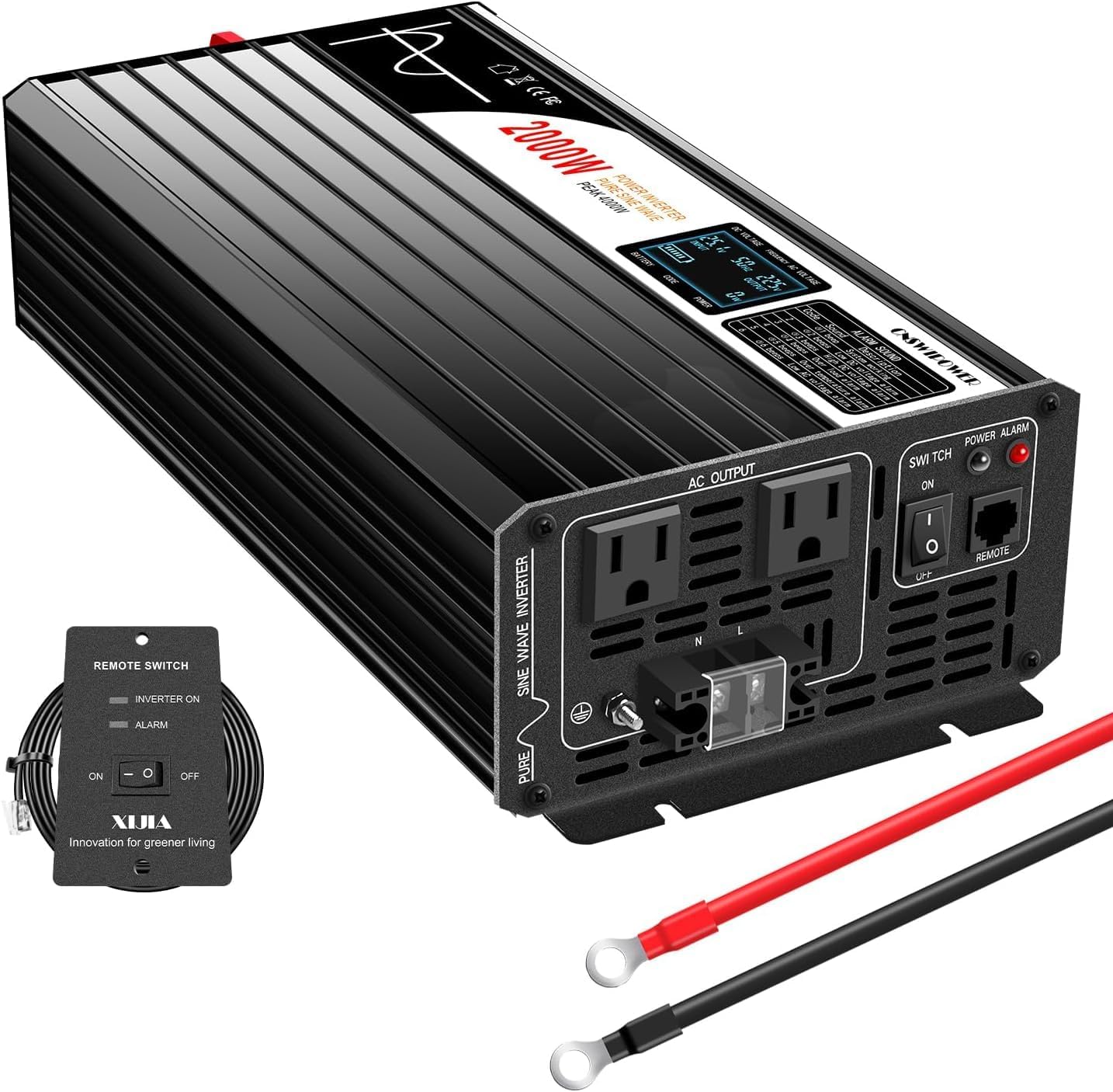 Xijia 2000w(Peak Power 4000W) dc 48v to ac 120v Inverter Pure sine Wave 60HZ Converter with Bluetooth Remote Control LCD Screen 2 AC outlets for Camping, Boat,Outdoor (DC48V (Range 40V-60V) 2000W)