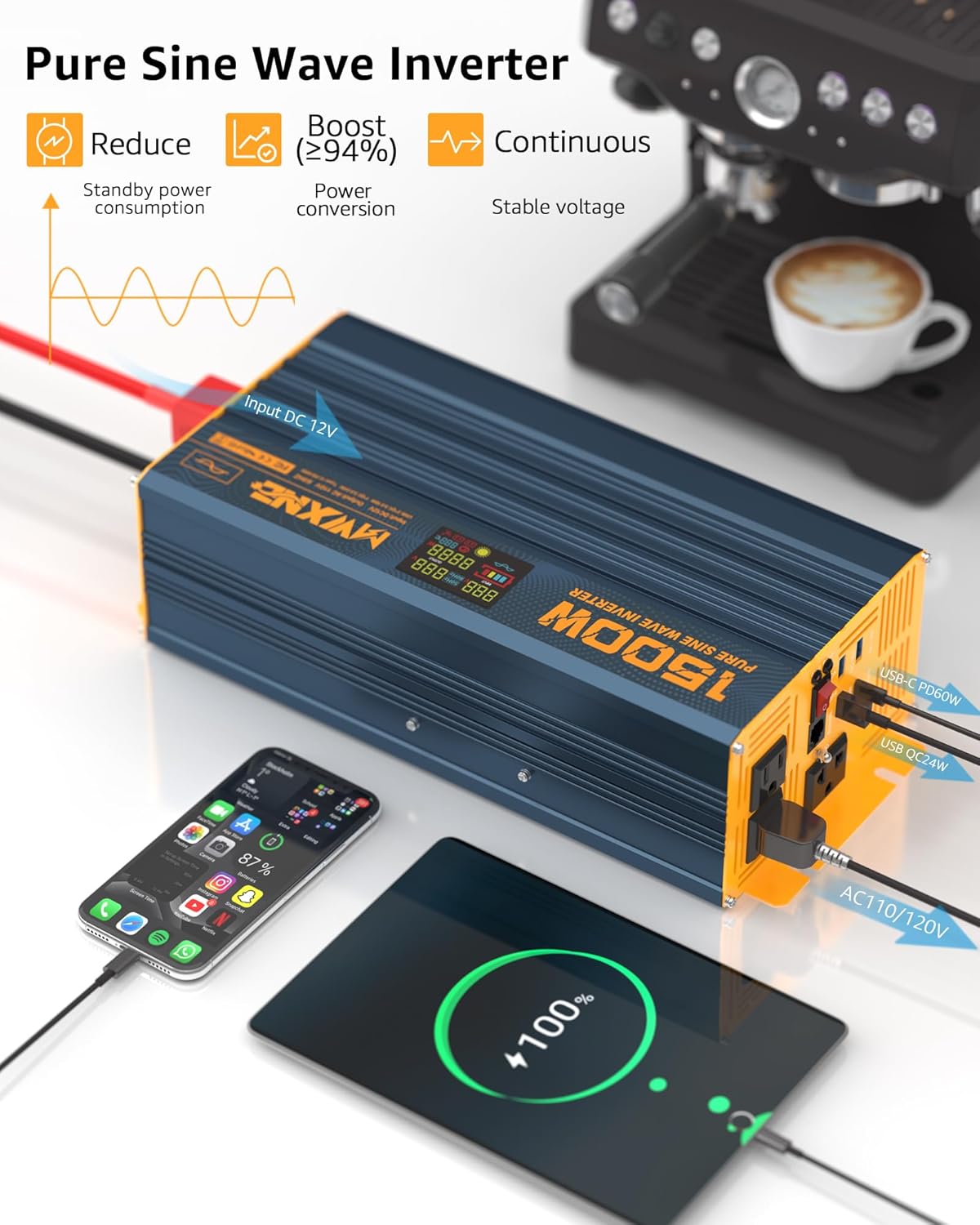 1500W/3000W(Peak) Power Inverter Pure Sine Wave DC 12V to 110V 120V AC Converter 3 AC Outlets Car Inverters with 4 USB Fast Charging Ports, LCD Display and Remote Controller for Truck RV