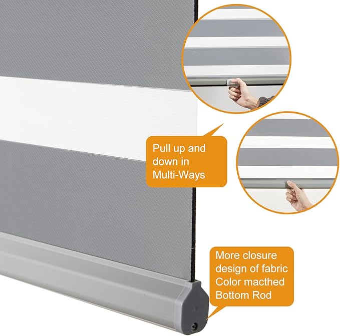 Persilux Cordless Zebra Blinds for Indoor Windows, Free-Stop Cordless, Light Filtering Sheer Shades Dual Layer for Day and Night, Roller Shades for Home (34.25" W X 64" H, Grey)